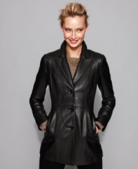Jones New York's leather jacket features rich, supple leather with a luxurious feel. The seamed construction gives it a fabulous fit and a touch of modern edge. Jones New York's leather jacket features rich, supple leather with a luxurious feel. The seamed construction gives it a fabulous fit and a touch of modern edge.