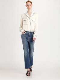 This silk, pajama-inspired style is defined by crisp contrast piping.Notched lapelsPatch pocketsButton frontLong sleeves with button cuffsContrast pipingAbout 25 from shoulder to hemSilkDry cleanImportedModel shown is 5'10 (177cm) wearing US size 4. This silk, pajama-inspired style is defined by crisp contrast piping.Notched lapelsPatch pocketsButton frontLong sleeves with button cuffsContrast pipingAbout 25 from shoulder to hemSilkDry cleanImportedModel shown is 5'10 (177cm) wearing US size 4.