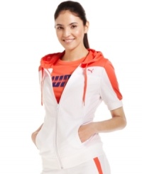 Warm up your workout in Puma's short-sleeve track jacket, perfect for summertime jogs! Warm up your workout in Puma's short-sleeve track jacket, perfect for summertime jogs!