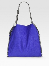 An embossed faux suede style with faux leather whipstitching and shiny link chain trim that follows the brand's vegetarian initiatives.Double chain top handles, 8½ dropMagnetic snap closureOne inside zip pocketFully lined14½W X 14H X 2½DMade in Italy An embossed faux suede style with faux leather whipstitching and shiny link chain trim that follows the brand's vegetarian initiatives.Double chain top handles, 8½ dropMagnetic snap closureOne inside zip pocketFully lined14½W X 14H X 2½DMade in Italy