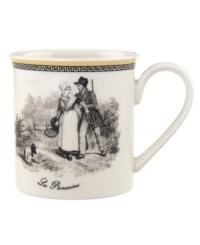 Mix and match, choosing from four patterns of black-and-white French country scenes and designs on white porcelain banded in yellow. Mix and match, choosing from four patterns of black-and-white French country scenes and designs on white porcelain banded in yellow.