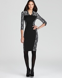 This uber-chic optical illusion French Connection dress creates a sought-after hourglass silhouette and brings center focus to this trendsetting snakeskin print. This uber-chic optical illusion French Connection dress creates a sought-after hourglass silhouette and brings center focus to this trendsetting snakeskin print.