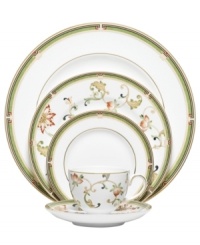 In 18th century England, Josiah Wedgwood, creator of the world famous Wedgwood ceramic ware, established a tradition of outstanding craftsmanship and artistry which continues today. The exotic floral design of the Oberon place settings pattern from Wedgwood's dinnerware and dishes collection is finely scaled and exquisitely precise, in soft shades of green and gold accented with black, against pure white bone china. In 18th century England, Josiah Wedgwood, creator of the world famous Wedgwood ceramic ware, established a tradition of outstanding craftsmanship and artistry which continues today. The exotic floral design of the Oberon place settings pattern from Wedgwood's dinnerware and dishes collection is finely scaled and exquisitely precise, in soft shades of green and gold accented with black, against pure white bone china.