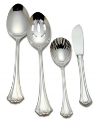 Founded in the mid-nineteenth century, the decorative metalware manufacturer Reed & Barton remains a leader in the industry. Its dedication to old-world craftsmanship and superb design makes its flatware distinctive in character, whether on the formal entertaining table or for everyday use. The charming Country French pattern is crafted of superior-quality 18/8 stainless steel and features a fluted, fan-shaped handle with delicate scroll detailing. Includes a tablespoon, pierced tablespoon, sugar spoon and butter knife. Founded in the mid-nineteenth century, the decorative metalware manufacturer Reed & Barton remains a leader in the industry. Its dedication to old-world craftsmanship and superb design makes its flatware distinctive in character, whether on the formal entertaining table or for everyday use. The charming Country French pattern is crafted of superior-quality 18/8 stainless steel and features a fluted, fan-shaped handle with delicate scroll detailing. Includes a tablespoon, pierced tablespoon, sugar spoon and butter knife.