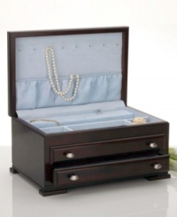 A light blue, imitation-suede interior contrasts the dark mahogany finish of this stylish jewelry case. Two drawers with brushed nickel pulls, plus wells for earrings and bracelets, a double ring bar and eight necklace hooks offer generous storage space for your jewelry collection. A light blue, imitation-suede interior contrasts the dark mahogany finish of this stylish jewelry case. Two drawers with brushed nickel pulls, plus wells for earrings and bracelets, a double ring bar and eight necklace hooks offer generous storage space for your jewelry collection.