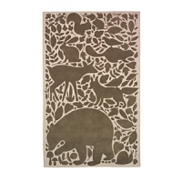 Forest creatures and woodland fauna create a nature-inspired scene-deer, squirrels, rabbits, bears and other animals and plants are printed in muted brown on an off-white background.