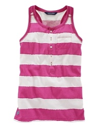 Fun sleeveless tank in soft cotton jersey is adorned with a bold stripe print. Fun sleeveless tank in soft cotton jersey is adorned with a bold stripe print.