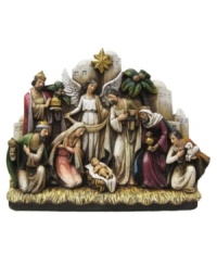 Mary and Joseph, the three magi, a shepherd, and an angel stand watch over the newborn in a traditional nativity scene. Artfully hand painted on resin, this Napco collectible figurine will serve as a reminder of the true meaning of Christmas. Mary and Joseph, the three magi, a shepherd, and an angel stand watch over the newborn in a traditional nativity scene. Artfully hand painted on resin, this Napco collectible figurine will serve as a reminder of the true meaning of Christmas.