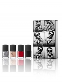 Andy Warhol believed a trademark look was essential to achieve superstar status. Certain to make its mark as a cult classic, NARS' exclusive polish set smolders in camera-ready shades from tomato soup red to scintillating silver. Gift set includes: Back Room/Black; Soup Can/Perfect red; Chelsea Girls/Innocent beige and Silver Factory/Aluminum all inside a matchbox folding carton. Andy Warhol believed a trademark look was essential to achieve superstar status. Certain to make its mark as a cult classic, NARS' exclusive polish set smolders in camera-ready shades from tomato soup red to scintillating silver. Gift set includes: Back Room/Black; Soup Can/Perfect red; Chelsea Girls/Innocent beige and Silver Factory/Aluminum all inside a matchbox folding carton.