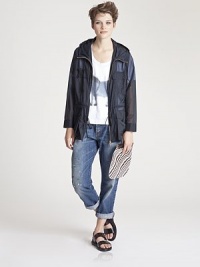 Subtle colorblocking lends a modern, chic edge to this classically sporty all-weather style.Attached hood with drawstringZip frontFour flap patch pocketsLong raglan sleeves with banded velcro cuffsDrawstring waistNylon/polyurethaneDry cleanImportedModel shown is 5'10 (177cm) wearing US size 4. Subtle colorblocking lends a modern, chic edge to this classically sporty all-weather style.Attached hood with drawstringZip frontFour flap patch pocketsLong raglan sleeves with banded velcro cuffsDrawstring waistNylon/polyurethaneDry cleanImportedModel shown is 5'10 (177cm) wearing US size 4.