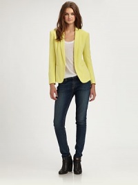 Perfect proportions and a shimmery finish make this tuxedo jacket a closet classic. Shawl collarBracelet sleevesButtoned cuffsHook-and-eye closureFront besom pocketsBack ventFully linedAbout 24 from shoulder to hemBody: Triacetate/polyesterTrim: Polyamide/polyester/viscoseDry clean with leather specialistMade in USA of imported fabricModel shown is 5'10 (177cm) wearing US size 4. Perfect proportions and a shimmery finish make this tuxedo jacket a closet classic. Shawl collarBracelet sleevesButtoned cuffsHook-and-eye closureFront besom pocketsBack ventFully linedAbout 24 from shoulder to hemBody: Triacetate/polyesterTrim: Polyamide/polyester/viscoseDry clean with leather specialistMade in USA of imported fabricModel shown is 5'10 (177cm) wearing US size 4.