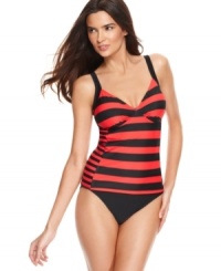 Get the look of a hot tankini with the easy styling of a one piece swimsuit, from Tropical Honey. The fashionably low price and chic striped print make this one a must-have! Get the look of a hot tankini with the easy styling of a one piece swimsuit, from Tropical Honey. The fashionably low price and chic striped print make this one a must-have!