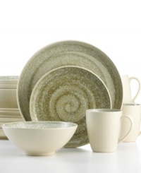 A muted, mottled hue imparts a homespun quality, infusing this striking stoneware set from Sango with a one-of-a-kind, artsy appeal. A muted, mottled hue imparts a homespun quality, infusing this striking stoneware set from Sango with a one-of-a-kind, artsy appeal.