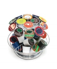 Organize and enjoy. This clever storage carousel holds up to 50 of your favorite tea and coffee pods, so you can keep tabs on what's left without cluttering up your kitchen counter. Organize and enjoy. This clever storage carousel holds up to 50 of your favorite tea and coffee pods, so you can keep tabs on what's left without cluttering up your kitchen counter.