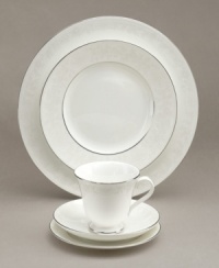 In 18th century England, Josiah Wedgwood, creator of the world famous Wedgwood ceramic ware, established a tradition of outstanding craftsmanship and artistry which continues today. This exquisite bone china pattern was inspired by one of Europe's favorite ski resorts, where everything is of the highest caliber, including the snow. A white-on-white frosting of snowy floral design gives the St. Moritz a pristine elegance. Delicate beading outline is coupled with an edging of rich platinum. In 18th century England, Josiah Wedgwood, creator of the world famous Wedgwood ceramic ware, established a tradition of outstanding craftsmanship and artistry which continues today. This exquisite bone china pattern was inspired by one of Europe's favorite ski resorts, where everything is of the highest caliber, including the snow. A white-on-white frosting of snowy floral design gives the St. Moritz a pristine elegance. Delicate beading outline is coupled with an edging of rich platinum.