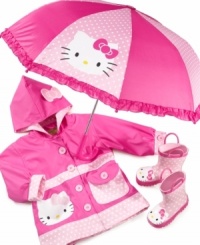 She's the cat's meow in this fabulously fuschia rain jacket with Hello Kitty decorations and soft jersey lining! She's the cat's meow in this fabulously fuschia rain jacket with Hello Kitty decorations and soft jersey lining!