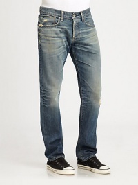 Generous fading and distressing lends a relaxed-cool edge to this modern fit, which is loose and slouchy in the hip while slightly tapered in the leg.Five-pocket styleInseam, about 33CottonMachine washMade in USA Generous fading and distressing lends a relaxed-cool edge to this modern fit, which is loose and slouchy in the hip while slightly tapered in the leg.Five-pocket styleInseam, about 33CottonMachine washMade in USA