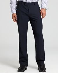 Straight leg, flat front tailored dress pants. Trouser-style front pockets with two back buttoned besom pockets. Covered tab waistband. Straight leg, flat front tailored dress pants. Trouser-style front pockets with two back buttoned besom pockets. Covered tab waistband.