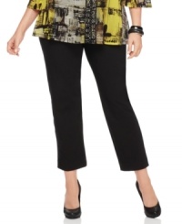 Be chic and comfortable in Alfani's cropped plus size pants, highlighted by an elastic waist and straight leg design. Be chic and comfortable in Alfani's cropped plus size pants, highlighted by an elastic waist and straight leg design.