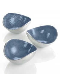 Full of surprises, these handcrafted nut bowls feature sleek, polished aluminum lined with lustrous blue enamel. It's a pretty set for serving snacks or simply decorating the table. From the Simply Designz serveware and serving dishes collection. Full of surprises, these handcrafted nut bowls feature sleek, polished aluminum lined with lustrous blue enamel. It's a pretty set for serving snacks or simply decorating the table. From the Simply Designz serveware and serving dishes collection.