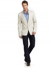 THE LOOKNotch lapelTwo-button frontChest welt pocketDetailed flap pockets at waistBack ventsTHE FITAbout 26 from shoulder to hemTHE MATERIAL97% cotton/3% elastaneFully linedCARE & ORIGINDry cleanImported THE LOOKNotch lapelTwo-button frontChest welt pocketDetailed flap pockets at waistBack ventsTHE FITAbout 26 from shoulder to hemTHE MATERIAL97% cotton/3% elastaneFully linedCARE & ORIGINDry cleanImported