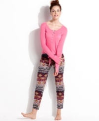 Embrace the soft, stylish comfort of Kensie's pajamas. The henley top features a rounded hem and small pocket on the left breast. The printed fleece pajama pants feature a comfy elastic waist and drawstring. Embrace the soft, stylish comfort of Kensie's pajamas. The henley top features a rounded hem and small pocket on the left breast. The printed fleece pajama pants feature a comfy elastic waist and drawstring.