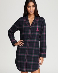 Flaunt your feminine side in Lauren Ralph Lauren's boyfriend-style sleep shirt with all-over plaid and pops of pink. Flaunt your feminine side in Lauren Ralph Lauren's boyfriend-style sleep shirt with all-over plaid and pops of pink.