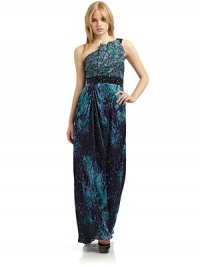 THE LOOKOne-shoulder stylePleated bodiceConcealed back zip closureBeaded at shoulder and waistTHE FITAbout 62 from shoulder to hemTHE MATERIALSilkFully linedCARE & ORIGINDry cleanImportedModel shown is 5'8½ (174cm) wearing US size 4. THE LOOKOne-shoulder stylePleated bodiceConcealed back zip closureBeaded at shoulder and waistTHE FITAbout 62 from shoulder to hemTHE MATERIALSilkFully linedCARE & ORIGINDry cleanImportedModel shown is 5'8½ (174cm) wearing US size 4.