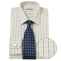 Savile Row Mens Navy Tan White Tattersall Check Regular Fit Dress Shirt Single Cuff Savile Row Mens Navy Tan White Tattersall Check Regular Fit Dress Shirt Single Cuff