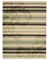 The layered look. Enhance your living area with the beautiful style and sheen of Nourison's Elements rug. Hand-loomed of plush wool for incredible texture, the luminous rug features a sweeping scrollwork design layered against earthy, neutral stripes. The layered look. Enhance your living area with the beautiful style and sheen of Nourison's Elements rug. Hand-loomed of plush wool for incredible texture, the luminous rug features a sweeping scrollwork design layered against earthy, neutral stripes.