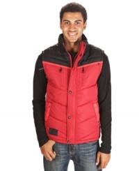 With a color block design and a no-bulk warm fit, this Marc Ecko Cut & Sew vest will keep you trendy and toasty. With a color block design and a no-bulk warm fit, this Marc Ecko Cut & Sew vest will keep you trendy and toasty.