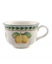 The Fleurence teacup has a summer fruit pattern on a pale yellow background. In dishwasher- and microwave-safe porcelain. From the Villeroy & Boch dinnerware and dishes collection. The Fleurence teacup has a summer fruit pattern on a pale yellow background. In dishwasher- and microwave-safe porcelain. From the Villeroy & Boch dinnerware and dishes collection.