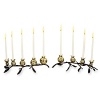 Michael Aram pomegranate menorah. Uniquely designed menorah features two side by side branches holding all nine baby pomegranate candleholders. In nickelplate with oxidized bronze accents.