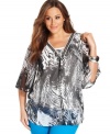 A sheer winner: AGB's butterfly sleeve plus size top, finished by an embellished neckline and bold print.