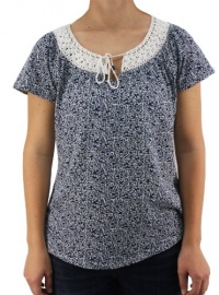 Lucky Brand Women's Short Sleeve Blue Wave Pattern Blouse w/ Knit V-Neck Lucky Brand Women's Short Sleeve Blue Wave Pattern Blouse w/ Knit V-Neck