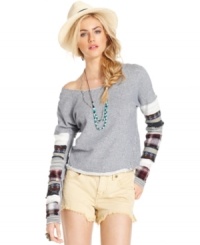 Patchwork sleeves add a crafty-boho appeal to this Free People striped top -- perfectly paired with distressed-denim bottoms! Patchwork sleeves add a crafty-boho appeal to this Free People striped top -- perfectly paired with distressed-denim bottoms!