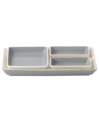 Effortlessly chic, the Simplicity hors d'oeuvres set by Vera Wang Wedgwood features modern square dishes layered in a neutral gray and cream palette. Effortlessly chic, the Simplicity hors d'oeuvres set by Vera Wang Wedgwood features modern square dishes layered in a neutral gray and cream palette.