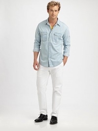 Nothing's more comfortable or classic than this relaxed shirt in soft washed cotton denim.Point collarButton frontTwo button-flap chest pocketsLong sleevesShirttail hemCottonMachine wash Imported Nothing's more comfortable or classic than this relaxed shirt in soft washed cotton denim.Point collarButton frontTwo button-flap chest pocketsLong sleevesShirttail hemCottonMachine wash Imported