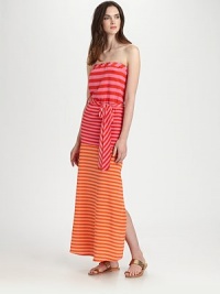Colorful bands of sporty stripes add graphic punch to this maxi dress.StraplessBlouson bodiceSelf sash beltSide slitAbout 43 from natural waistPolyesterDry cleanImportedModel shown is 5'10 (177cm) wearing US size Small. Colorful bands of sporty stripes add graphic punch to this maxi dress.StraplessBlouson bodiceSelf sash beltSide slitAbout 43 from natural waistPolyesterDry cleanImportedModel shown is 5'10 (177cm) wearing US size Small.