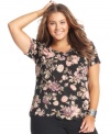 Snag fresh forals for fall with ING's short sleeve plus size top, punctuated by a scalloped hem. (Clearance)