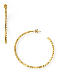 18-karat gold hoops from Gorgana are a jewel box staple. This pair boasts edgy, textured detailing to take you downtown in the most elegant way. 18-karat gold hoops from Gorgana are a jewel box staple. This pair boasts edgy, textured detailing to take you downtown in the most elegant way.