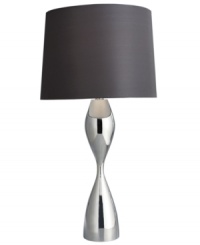 More than a light, the Nambe Forma table lamp features a stylized hourglass shape and black drum shade to make a statement. Mirror-polished metal reflects the glow from above for added ambiance. More than a light, the Nambe Forma table lamp features a stylized hourglass shape and black drum shade to make a statement. Mirror-polished metal reflects the glow from above for added ambiance.