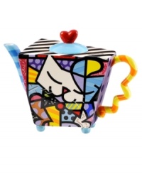 Heads and tails above the average teapot, this cat-themed design combines a funky shape with the vivid colors and bold patterns of Brazilian pop artist Romero Britto. Heads and tails above the average teapot, this cat-themed design combines a funky shape with the vivid colors and bold patterns of Brazilian pop artist Romero Britto.