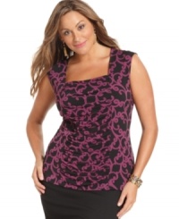 A ruched front lends a slenderizing look to Style&co.'s sleeveless plus size top, featuring a standout print-- it's an Everyday Value! A ruched front lends a slenderizing look to Style&co.'s sleeveless plus size top, featuring a standout print-- it's an Everyday Value!