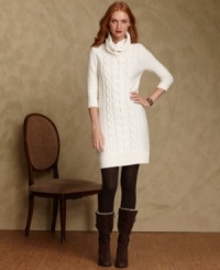 Create an on-trend textural look with Tommy Hilfiger's cable-knit sweater dress. It looks really chic with tall boots and tights. Create an on-trend textural look with Tommy Hilfiger's cable-knit sweater dress. It looks really chic with tall boots and tights.