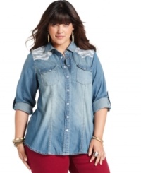 Lace trim adds on-trend flavor to American Rag's plus size shirt-- it's a must-have for the season! Lace trim adds on-trend flavor to American Rag's plus size shirt-- it's a must-have for the season!