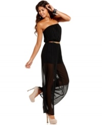 Rock striking, illusion style this season for a bold habit you'll never want to break! This jumpsuit from Urban Hearts pairs a sheer, bold silhouette with a super-chic, chain-accented belt! Rock striking, illusion style this season for a bold habit you'll never want to break! This jumpsuit from Urban Hearts pairs a sheer, bold silhouette with a super-chic, chain-accented belt!