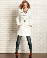 A luxe take on military style, this coat from XOXO flaunts asymmetrical zippers and cool seam detail for a structured silhouette. A luxe take on military style, this coat from XOXO flaunts asymmetrical zippers and cool seam detail for a structured silhouette.
