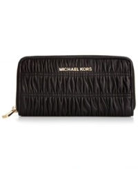 Before your next continental excursion, be sure to pack this pleated design from MICHAEL Michael Kors that provides plenty of pockets and compartments for cash, cards, coins and ID, while signature hardware gives the look luxe appeal. Before your next continental excursion, be sure to pack this pleated design from MICHAEL Michael Kors that provides plenty of pockets and compartments for cash, cards, coins and ID, while signature hardware gives the look luxe appeal.