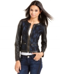 All hail the mixed-media layer! Baby Phat serves up trend-right style with a lace-covered jacket that mixes faux-leather and denim in the coolest way. All hail the mixed-media layer! Baby Phat serves up trend-right style with a lace-covered jacket that mixes faux-leather and denim in the coolest way.